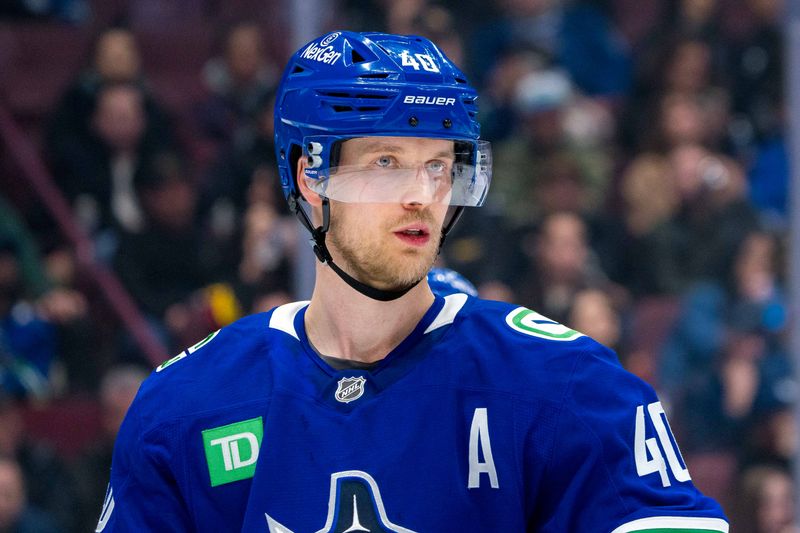 Jan 16, 2025; Vancouver, British Columbia, CAN; Vancouver Canucks forward Elias Pettersson (40) during a stop in play against the Los Angeles Kings in the third period at Rogers Arena. Mandatory Credit: Bob Frid-Imagn Images