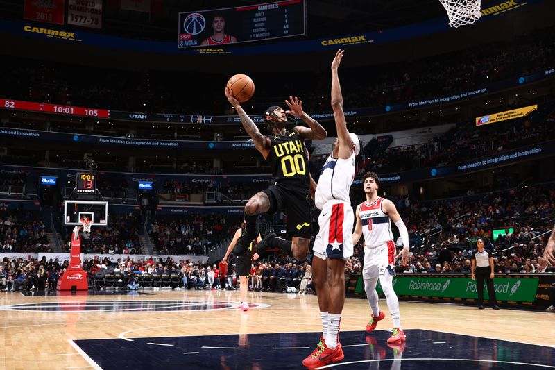 WASHINGTON, DC -? JANUARY 25: Jordan Clarkson #00 of the Utah Jazz shoots the ball during the game against the Washington Wizards on January 25, 2024 at Capital One Arena in Washington, DC. NOTE TO USER: User expressly acknowledges and agrees that, by downloading and or using this Photograph, user is consenting to the terms and conditions of the Getty Images License Agreement. Mandatory Copyright Notice: Copyright 2024 NBAE (Photo by Kenny Giarla/NBAE via Getty Images)