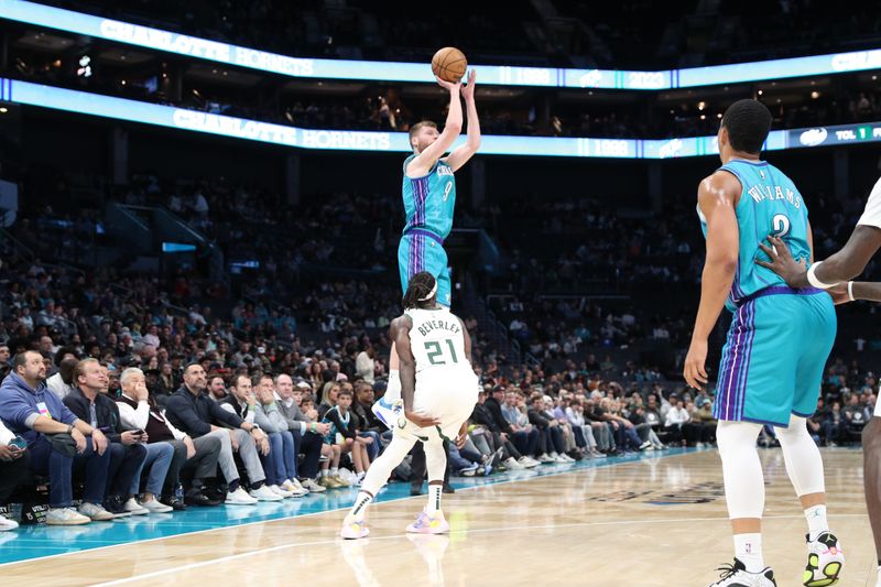 CHARLOTTE, NC - FEBRUARY 29: Davis Bertans #9 of the Charlotte Hornets shoots the ball during the game against the Milwaukee Bucks on February 29, 2024 at Spectrum Center in Charlotte, North Carolina. NOTE TO USER: User expressly acknowledges and agrees that, by downloading and or using this photograph, User is consenting to the terms and conditions of the Getty Images License Agreement.  Mandatory Copyright Notice:  Copyright 2024 NBAE (Photo by Brock Williams-Smith/NBAE via Getty Images)