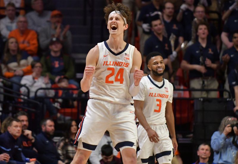 Jan 31, 2023; Champaign, Illinois, USA; Illinois Fighting Illini forward Matthew Mayer (24) reacts after scoring a basket during the second half against the Nebraska Cornhuskers at State Farm Center. Mandatory Credit: Ron Johnson-USA TODAY Sports