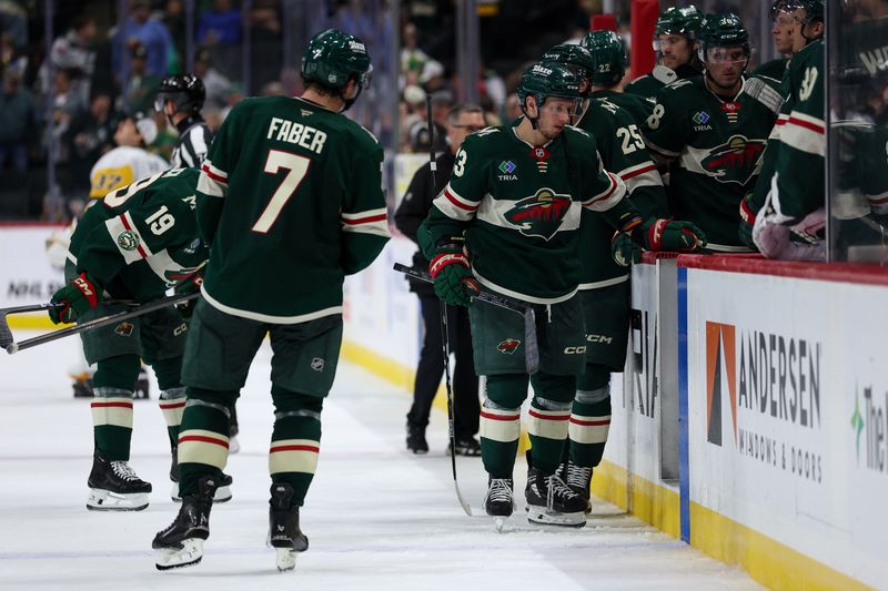 Oct 30, 2025; Saint Paul, Minnesota, USA; Minnesota Wild players react to their teams loss against the Pittsburgh Penguins after the game at Grand Casino Arena. Mandatory Credit: Matt Krohn-Imagn Images
