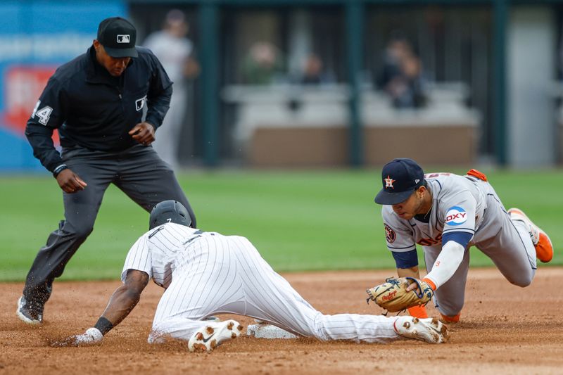 May 13, 2023; Chicago, Illinois, USA; Houston Astros shortstop Jeremy Pena (3) tags out Chicago White Sox shortstop Tim Anderson (7) at second base during the first inning at Guaranteed Rate Field. Mandatory Credit: Kamil Krzaczynski-USA TODAY Sports