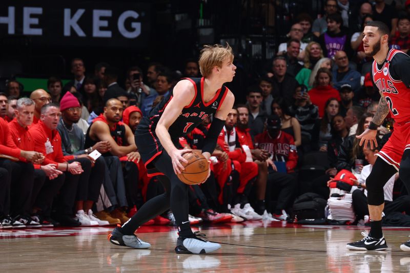 TORONTO, CANADA - JANUARY 31:  Gradey Dick #1 of the Toronto Raptors dribbles the ball during the game against the Chicago Bulls  on January 31, 2025 at the Scotiabank Arena in Toronto, Ontario, Canada.  NOTE TO USER: User expressly acknowledges and agrees that, by downloading and or using this Photograph, user is consenting to the terms and conditions of the Getty Images License Agreement.  Mandatory Copyright Notice: Copyright 2025 NBAE (Photo by Vaughn Ridley/NBAE via Getty Images)