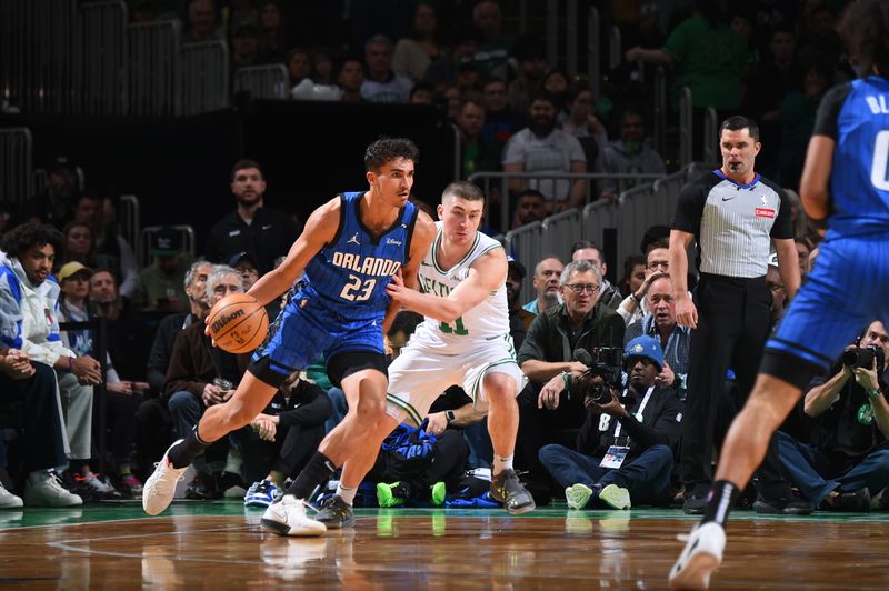 BOSTON, MA - JANUARY 17: Tristan da Silva #23 of the Orlando Magic handles the ball during the game against the Boston Celtics on January 17, 2025 at TD Garden in Boston, Massachusetts. NOTE TO USER: User expressly acknowledges and agrees that, by downloading and/or using this Photograph, user is consenting to the terms and conditions of the Getty Images License Agreement. Mandatory Copyright Notice: Copyright 2025 NBAE (Photo by Brian Babineau/NBAE via Getty Images)