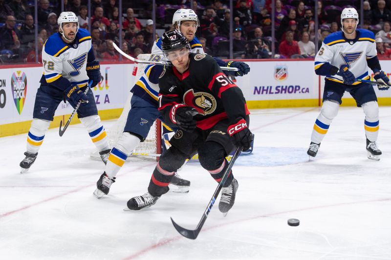 Mar 21, 2024; Ottawa, Ontario, CAN; St. Louis Blues center Robert Thomas (18) moves the puck past Ottawa Senators center Shane Pinto (57) in the first period at the Canadian Tire Centre. Mandatory Credit: Marc DesRosiers-USA TODAY Sports