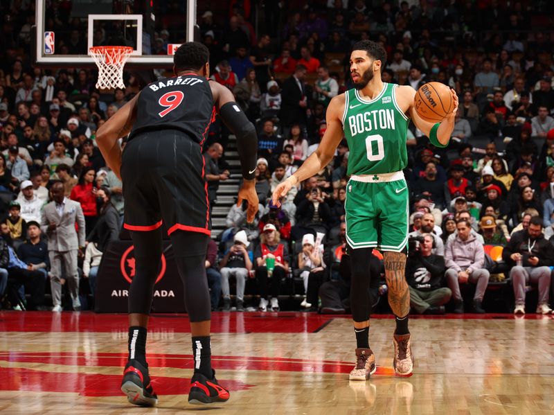 TORONTO, CANADA - JANUARY 15:  Jayson Tatum #0 of the Boston Celtics handles the ball during the game against the Toronto Raptors on January 15, 2024 at the Scotiabank Arena in Toronto, Ontario, Canada.  NOTE TO USER: User expressly acknowledges and agrees that, by downloading and or using this Photograph, user is consenting to the terms and conditions of the Getty Images License Agreement.  Mandatory Copyright Notice: Copyright 2024 NBAE (Photo by Vaughn Ridley/NBAE via Getty Images)