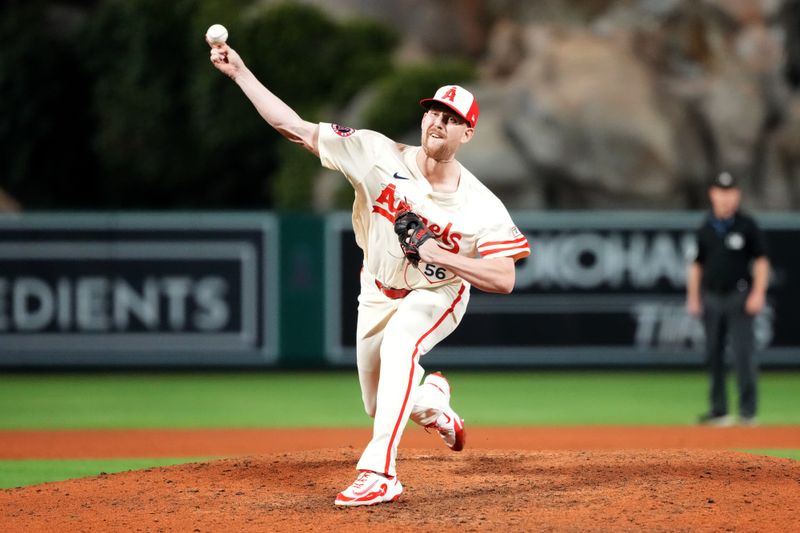 Jun 7, 2025; Anaheim, California, USA; Los Angeles Angels relief pitcher Brock Burke (46) throws against the Seattle Mariners at Angel Stadium. Mandatory Credit: Kirby Lee-Imagn Images
