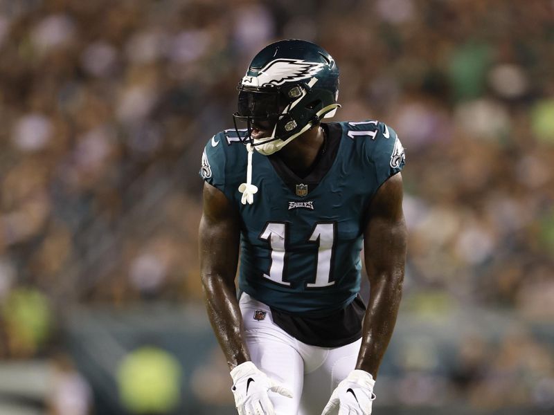 Philadelphia Eagles wide receiver A.J. Brown (11) lines up for the snap during an NFL football game against the Minnesota Vikings on Monday, September 19, 2022, in Philadelphia. (AP Photo/Matt Patterson)