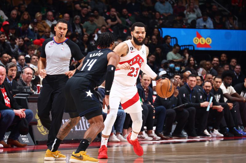 TORONTO, CANADA - FEBRUARY 14: Fred VanVleet #23 of the Toronto Raptors dribbles the ball during the game against the Orlando Magic on February 14, 2023 at the Scotiabank Arena in Toronto, Ontario, Canada.  NOTE TO USER: User expressly acknowledges and agrees that, by downloading and or using this Photograph, user is consenting to the terms and conditions of the Getty Images License Agreement.  Mandatory Copyright Notice: Copyright 2023 NBAE (Photo by Vaughn Ridley/NBAE via Getty Images)