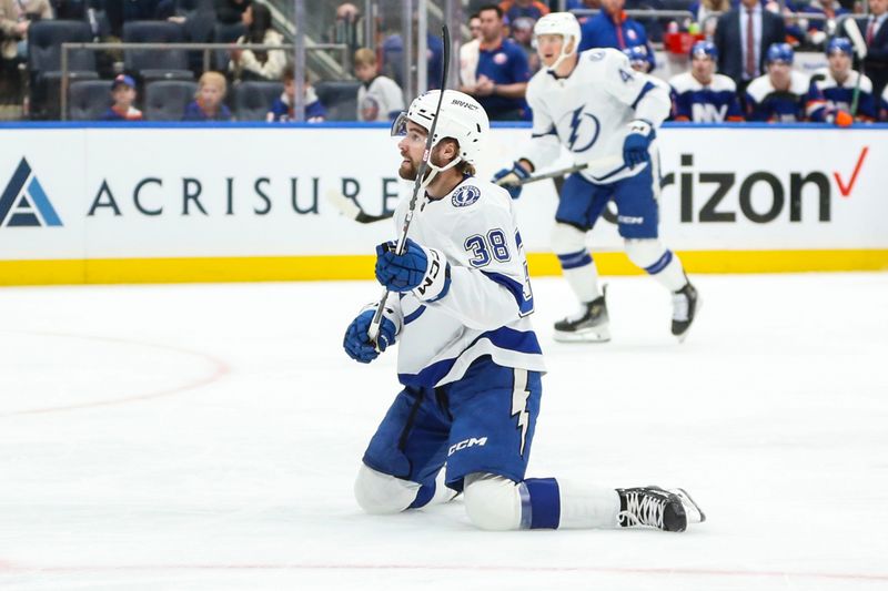 Feb 24, 2024; Elmont, New York, USA;  Tampa Bay Lightning left wing Brandon Hagel (38) watches the puck after a shot on goal attempt in the first period against the New York Islanders at UBS Arena. Mandatory Credit: Wendell Cruz-USA TODAY Sports