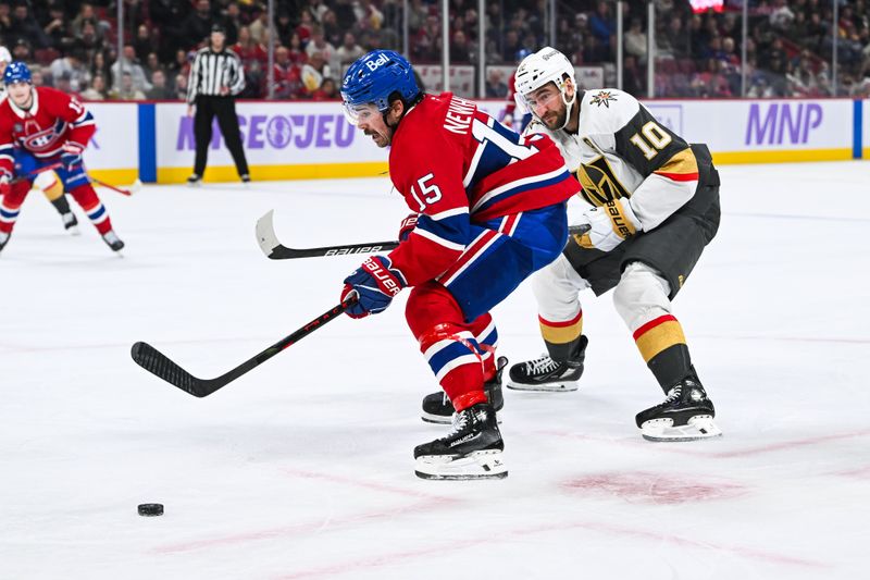 Nov 23, 2024; Montreal, Quebec, CAN; Montreal Canadiens center Alex Newhook (15) plays the puck against Las Vegas Golden Knights center Nicolas Roy (10) during the second period at Bell Centre. Mandatory Credit: David Kirouac-Imagn Images