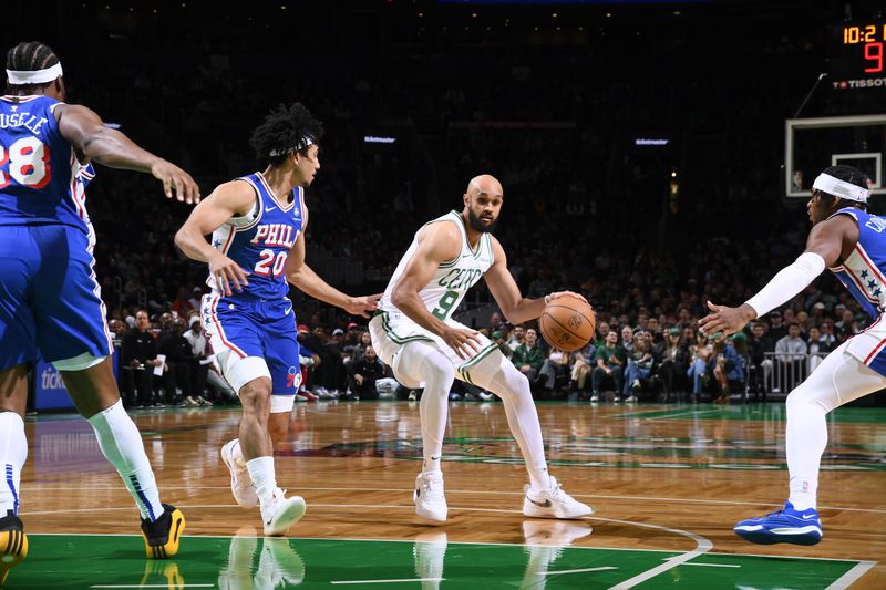 BOSTON, MA - OCTOBER 12: Derrick White #9 of the Boston Celtics handles the ball during the game against the Philadelphia 76ers during a NBA Preseason game on October 12, 2024 at TD Garden in Boston, Massachusetts. NOTE TO USER: User expressly acknowledges and agrees that, by downloading and/or using this Photograph, user is consenting to the terms and conditions of the Getty Images License Agreement. Mandatory Copyright Notice: Copyright 2024 NBAE (Photo by Brian Babineau/NBAE via Getty Images)