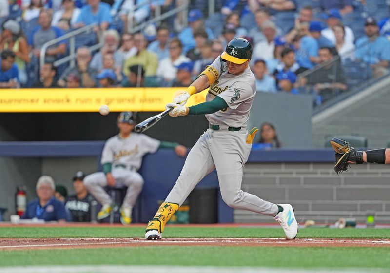 Aug 9, 2024; Toronto, Ontario, CAN; Oakland Athletics center fielder JJ Bleday (33) hits a double against the Toronto Blue Jays during the first inning at Rogers Centre. Mandatory Credit: Nick Turchiaro-USA TODAY Sports