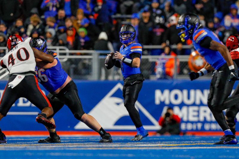 Nov 1, 2024; Boise, Idaho, USA; Boise State Broncos quarterback Maddux Madsen (4) during the second half against the San Diego State Aztecs at Albertsons Stadium. Boise State defeats San Diego State  56-24. Mandatory Credit: Brian Losness-Imagn Images

