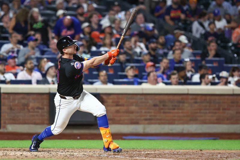 Jun 28, 2024; New York City, New York, USA;  New York Mets first baseman Pete Alonso (20) hits a solo home run in the sixth inning against the Houston Astros at Citi Field. Mandatory Credit: Wendell Cruz-USA TODAY Sports