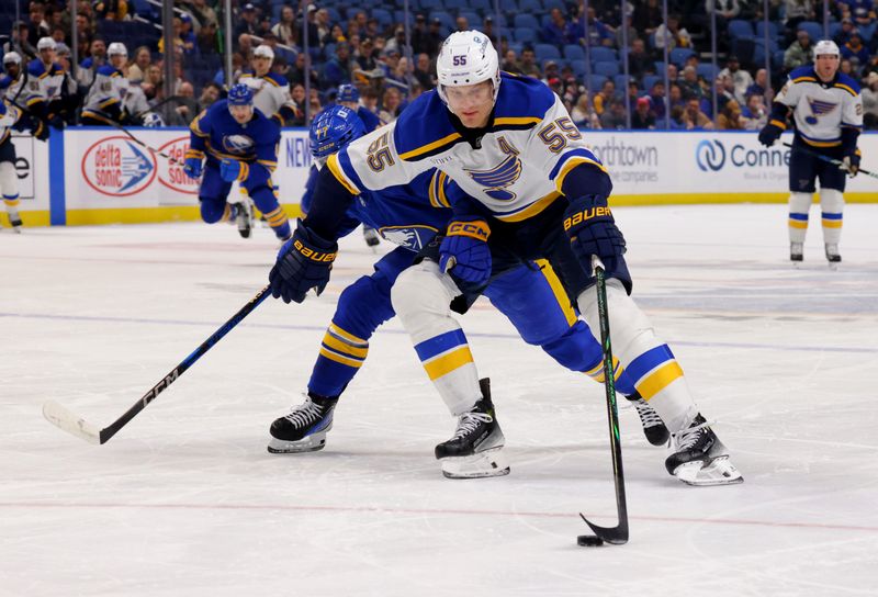 Nov 14, 2024; Buffalo, New York, USA;  St. Louis Blues defenseman Colton Parayko (55) skates to the net with the puck as Buffalo Sabres right wing JJ Peterka (77) tries to defend during the first period at KeyBank Center. Mandatory Credit: Timothy T. Ludwig-Imagn Images