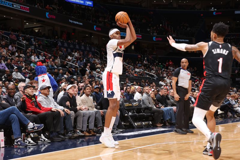 WASHINGTON, DC -? FEBRUARY 26: Bilal Coulibaly #0 of the Washington Wizards shoots a three point basket during the game against the Portland Trail Blazers on February 26, 2025 at Capital One Arena in Washington, DC. NOTE TO USER: User expressly acknowledges and agrees that, by downloading and or using this Photograph, user is consenting to the terms and conditions of the Getty Images License Agreement. Mandatory Copyright Notice: Copyright 2025 NBAE (Photo by Kenny Giarla/NBAE via Getty Images)