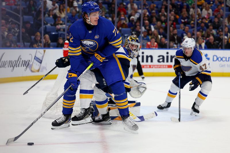 Feb 10, 2024; Buffalo, New York, USA;  Buffalo Sabres right wing Tage Thompson (72) looks to make a pass during the second period against the St. Louis Blues at KeyBank Center. Mandatory Credit: Timothy T. Ludwig-USA TODAY Sports