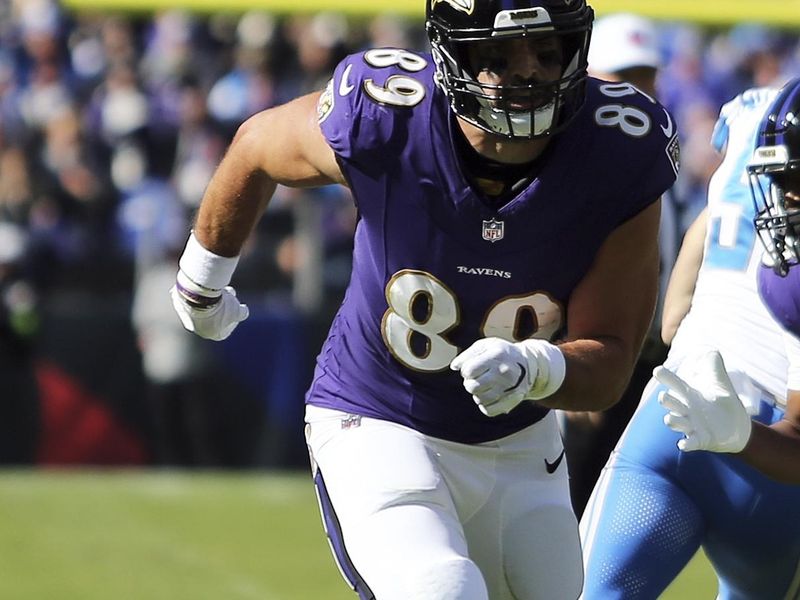 Baltimore Ravens tight end Mark Andrews (89) runs during an NFL football game against the Detroit Lions, Sunday, October 22, 2023 in Baltimore, Maryland. (AP Photo/Daniel Kucin Jr.)