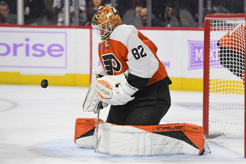 Nov 25, 2024; Philadelphia, Pennsylvania, USA; Philadelphia Flyers goaltender Ivan Fedotov (82) makes a save against the Vegas Golden Knights during the second period at Wells Fargo Center. Mandatory Credit: Eric Hartline-Imagn Images