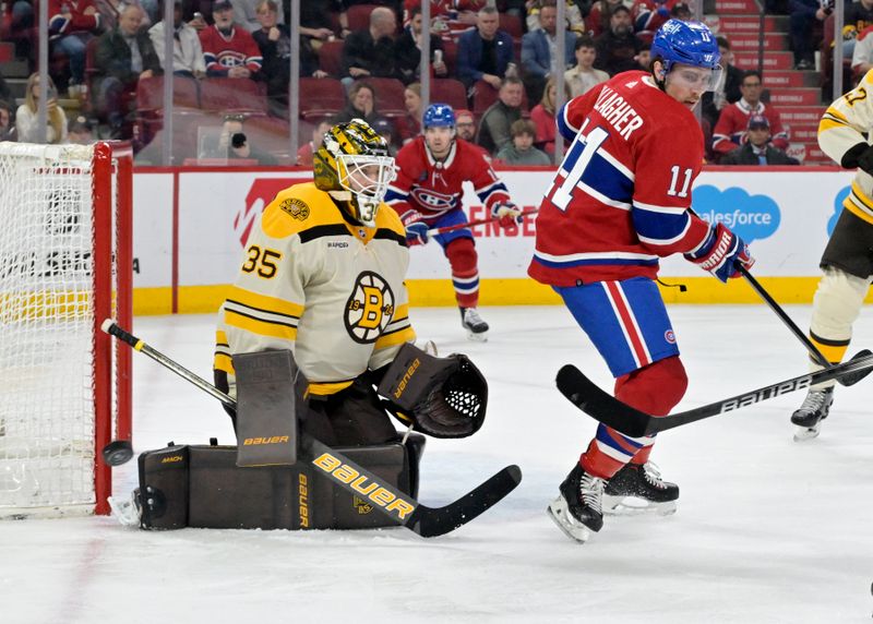 Mar 14, 2024; Montreal, Quebec, CAN; Boston Bruins goalie Linus Ullmark (35) makes a save and Montreal Canadiens forward Brendan Gallagher (11) tries to deflect during the second period at the Bell Centre. Mandatory Credit: Eric Bolte-USA TODAY Sports