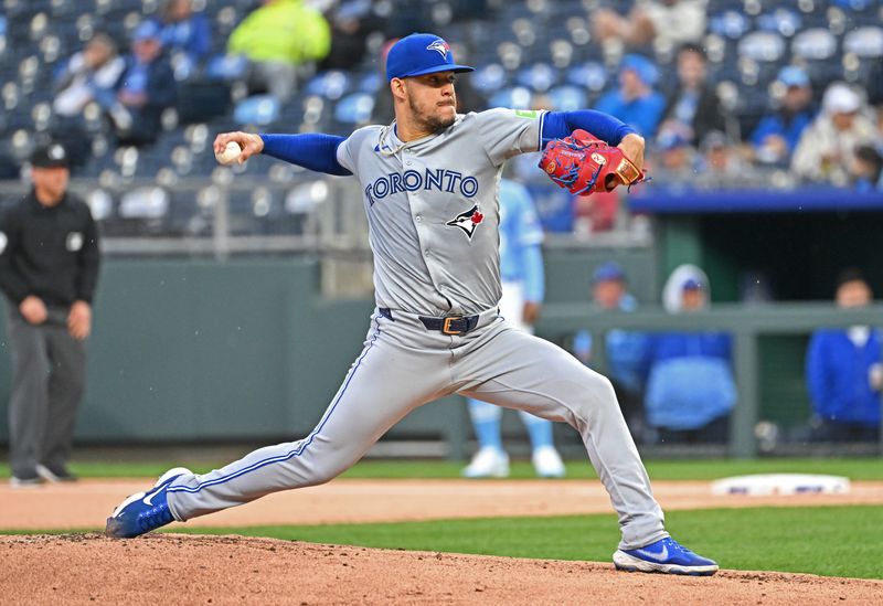 Apr 25, 2024; Kansas City, Missouri, USA;  Toronto Blue Jays starting pitcher Jose Berrios (17) delivers a pitch in the first inning against the Kansas City Royals at Kauffman Stadium. Mandatory Credit: Peter Aiken-USA TODAY Sports