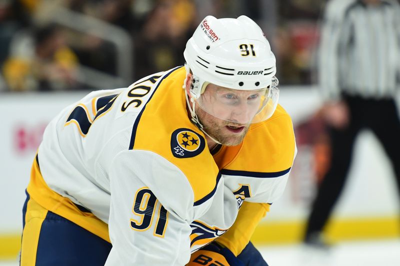 Mar 4, 2025; Boston, Massachusetts, USA;  Nashville Predators center Steven Stamkos (91) gets set for a face-off during the second period against the Boston Bruins at TD Garden. Mandatory Credit: Bob DeChiara-Imagn Images