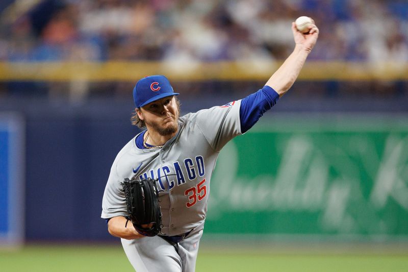 Jun 13, 2024; St. Petersburg, Florida, USA;  Chicago Cubs pitcher Justin Steele (35) throws a pitch against the Tampa Bay Rays in the second inning at Tropicana Field. Mandatory Credit: Nathan Ray Seebeck-USA TODAY Sports