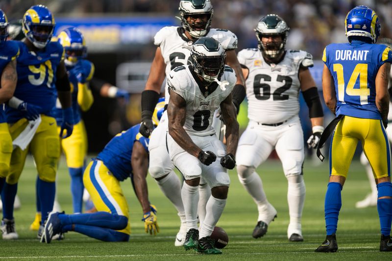 Philadelphia Eagles running back D'Andre Swift (0) reacts during an NFL football game against the Los Angeles Rams, Sunday, Oct. 8, 2023, in Inglewood, Calif. (AP Photo/Kyusung Gong)