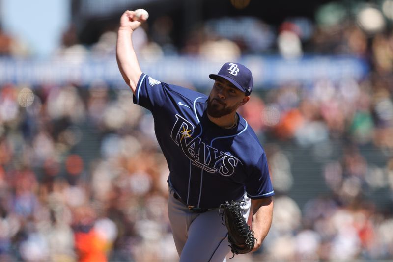 Aug 16, 2023; San Francisco, California, USA; Tampa Bay Rays starting pitcher Aaron Civale (34) throws a pitch during the first inning against the San Francisco Giants at Oracle Park. Mandatory Credit: Sergio Estrada-USA TODAY Sports