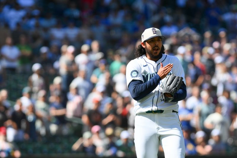 Jul 4, 2024; Seattle, Washington, USA; Seattle Mariners relief pitcher Andres Munoz (75) celebrates the final out of the game during the ninth inning against the Baltimore Orioles at T-Mobile Park. Mandatory Credit: Steven Bisig-USA TODAY Sports