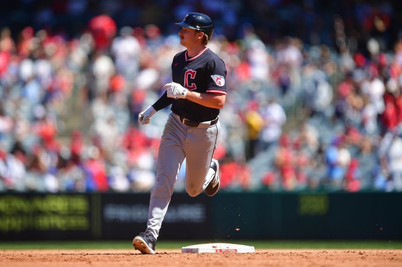 Apr 6, 2025; Anaheim, California, USA; Cleveland Guardians first baseman Kyle Manzardo (9) rounds the bases after hitting a solo home run against the Los Angeles Angels during the fourth inning at Angel Stadium. Mandatory Credit: Gary A. Vasquez-Imagn Images