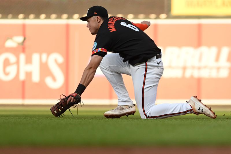 Jun 28, 2024; Baltimore, Maryland, USA;  Baltimore Orioles first baseman Ryan Mountcastle (6) fields a first inning ground ball against the Texas Rangers at Oriole Park at Camden Yards. Mandatory Credit: Tommy Gilligan-USA TODAY Sports