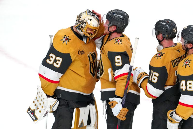 Mar 5, 2025; Las Vegas, Nevada, USA; Vegas Golden Knights center Jack Eichel (9) congratulates Vegas Golden Knights goaltender Adin Hill (33) after the Golden Knights defeated the Toronto Maple Leafs at T-Mobile Arena. Mandatory Credit: Stephen R. Sylvanie-Imagn Images