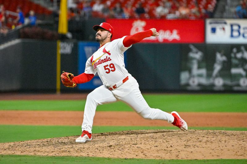 Sep 11, 2024; St. Louis, Missouri, USA;  St. Louis Cardinals relief pitcher JoJo Romero (59) pitches against the Cincinnati Reds during the eighth inning at Busch Stadium. Mandatory Credit: Jeff Curry-Imagn Images