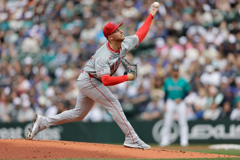 Jun 1, 2024; Seattle, Washington, USA;  Los Angeles Angels starting pitcher Reid Detmers (48) throws against the Seattle Mariners during the first inning at T-Mobile Park. Mandatory Credit: John Froschauer-USA TODAY Sports