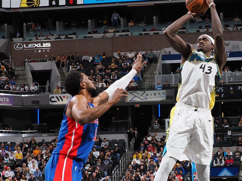 INDIANAPOLIS, IN - JANUARY 29: Pascal Siakam #43 of the Indiana Pacers shoots the ball during the game against the Detroit Pistons on January 29, 2025 at Gainbridge Fieldhouse in Indianapolis, Indiana. NOTE TO USER: User expressly acknowledges and agrees that, by downloading and or using this Photograph, user is consenting to the terms and conditions of the Getty Images License Agreement. Mandatory Copyright Notice: Copyright 2025 NBAE (Photo by Ron Hoskins/NBAE via Getty Images)