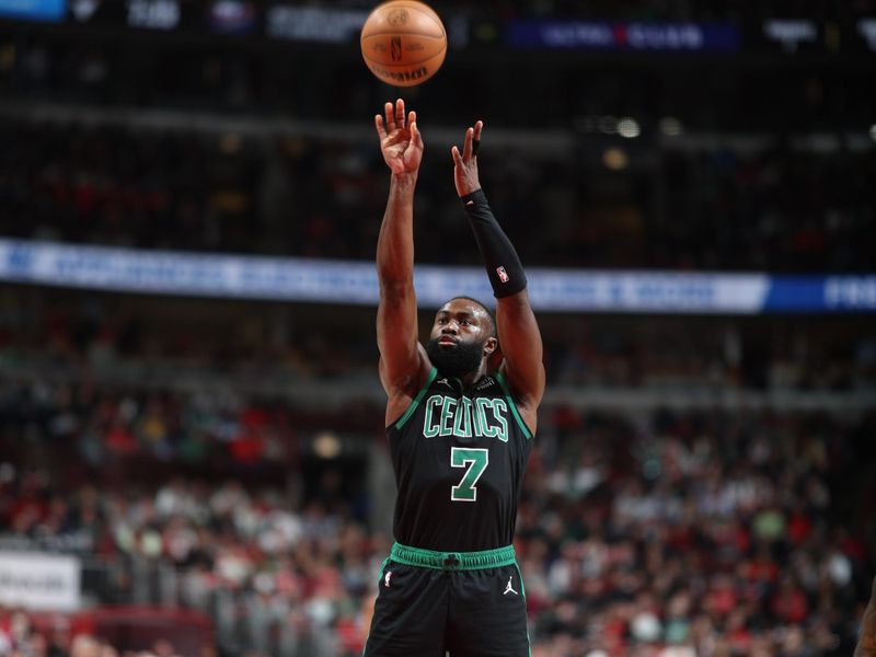 CHICAGO, IL - FEBRUARY 22: Jaylen Brown #7 of the Boston Celtics shoots a free throw during the game against the Chicago Bulls on February 22, 2024 at United Center in Chicago, Illinois. NOTE TO USER: User expressly acknowledges and agrees that, by downloading and or using this photograph, User is consenting to the terms and conditions of the Getty Images License Agreement. Mandatory Copyright Notice: Copyright 2024 NBAE (Photo by Jeff Haynes/NBAE via Getty Images)