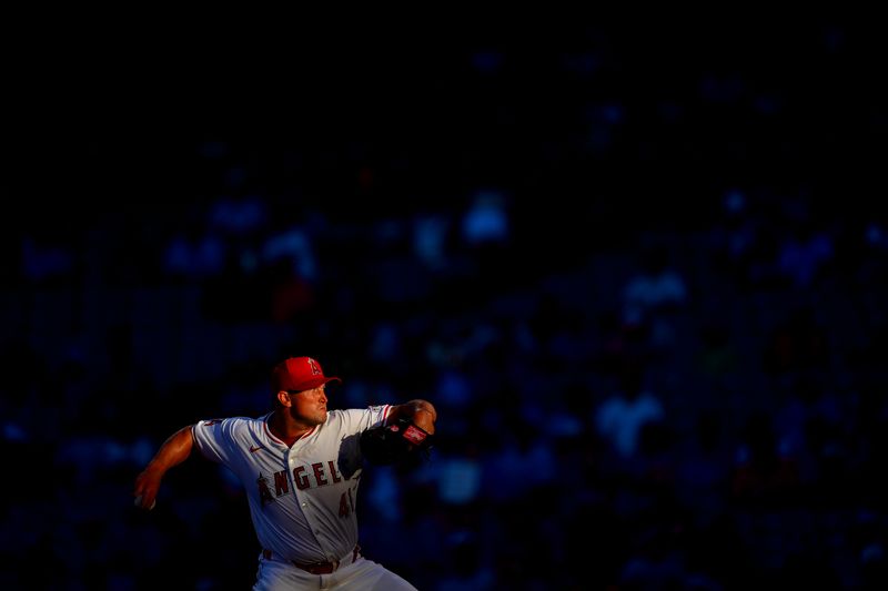 Aug 13, 2024; Anaheim, California, USA; Los Angeles Angels pitcher Carson Fulmer (41) throws against the Toronto Blue Jays during the first inning at Angel Stadium. Mandatory Credit: Gary A. Vasquez-USA TODAY Sports