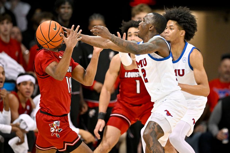 Feb 17, 2026; Dallas, Texas, USA; Louisville Cardinals guard Adrian Wooley (14) is fouled by SMU Mustangs guard Boopie Miller (2) during the second half at Moody Coliseum. Mandatory Credit: Jerome Miron-Imagn Images