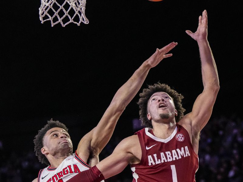 Jan 31, 2024; Athens, Georgia, USA; Alabama Crimson Tide guard Mark Sears (1) shoots against Georgia Bulldogs guard Jabri Abdur-Rahim (1) during the second half at Stegeman Coliseum. Mandatory Credit: Dale Zanine-USA TODAY Sports