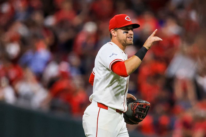 Jun 12, 2024; Cincinnati, Ohio, USA; Cincinnati Reds outfielder TJ Friedl (29) reacts after the victory over the Cleveland Guardians at Great American Ball Park. Mandatory Credit: Katie Stratman-USA TODAY Sports