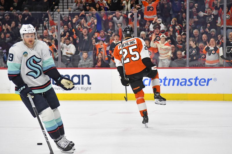 Feb 10, 2024; Philadelphia, Pennsylvania, USA; Philadelphia Flyers center Ryan Poehling (25) celebrates his goal against the Seattle Kraken during the first period at Wells Fargo Center. Mandatory Credit: Eric Hartline-USA TODAY Sports