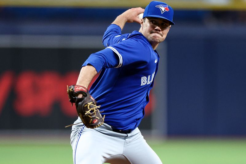 Sep 21, 2024; St. Petersburg, Florida, USA; Toronto Blue Jays pitcher Brendon Little (54) throws a pitch against the Tampa Bay Rays in the sixth inning at Tropicana Field. Mandatory Credit: Nathan Ray Seebeck-Imagn Images