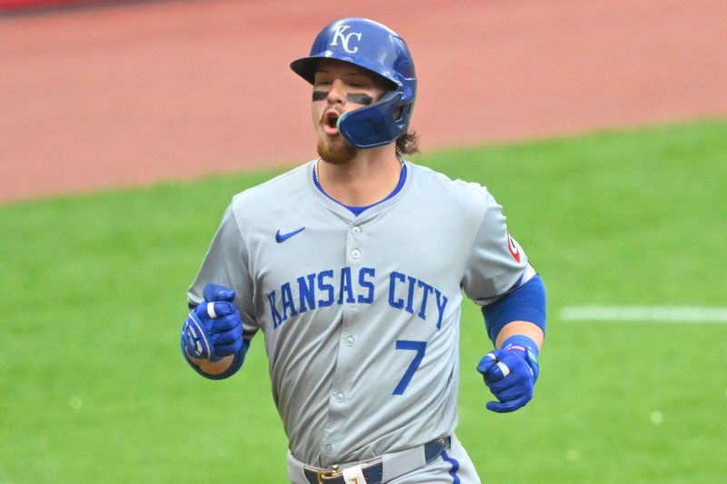 Jun 4, 2024; Cleveland, Ohio, USA; Kansas City Royals shortstop Bobby Witt Jr. (7) celebrates his two-run home run in the fourth inning against the Cleveland Guardians at Progressive Field. Mandatory Credit: David Richard-USA TODAY Sports