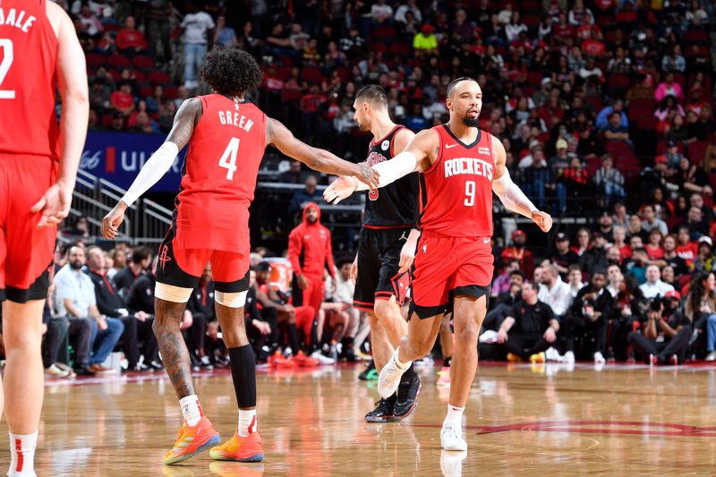 HOUSTON, TX - MARCH 21:   Jalen Green #4 and Dillon Brooks #9 of the Houston Rockets react during the game against the Chicago Bulls on March 21, 2024 at the Toyota Center in Houston, Texas. NOTE TO USER: User expressly acknowledges and agrees that, by downloading and or using this photograph, User is consenting to the terms and conditions of the Getty Images License Agreement. Mandatory Copyright Notice: Copyright 2024 NBAE (Photo by Logan Riely/NBAE via Getty Images)