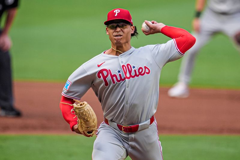 Jun 28, 2025; Cumberland, Georgia, USA; Philadelphia Phillies starting pitcher Jesus Luzardo (44) pitches against the Atlanta Braves during the first inning at Truist Park. Mandatory Credit: Dale Zanine-Imagn Images