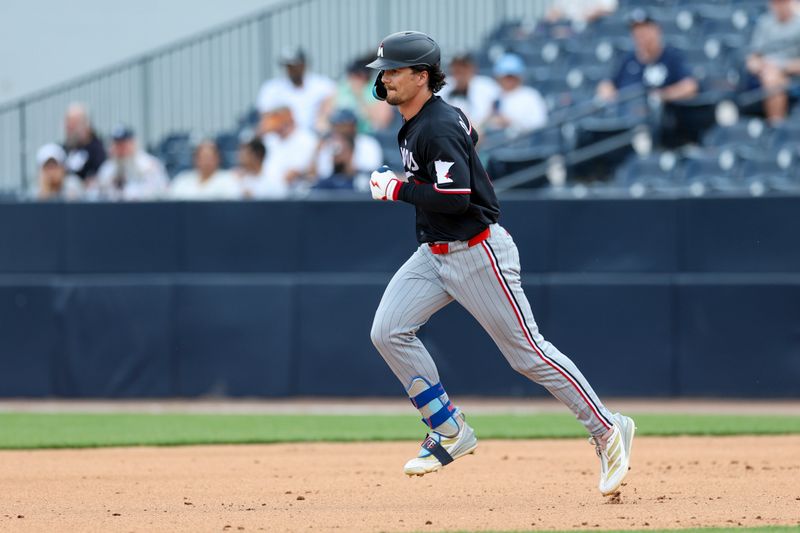 Mar 5, 2026; Tampa, Florida, USA; Minnesota Twins center fielder James Outman (30) runs the bases after hitting a two-run home run against the New York Yankees in the fifth inning during spring training at George M. Steinbrenner Field. Mandatory Credit: Nathan Ray Seebeck-Imagn Images