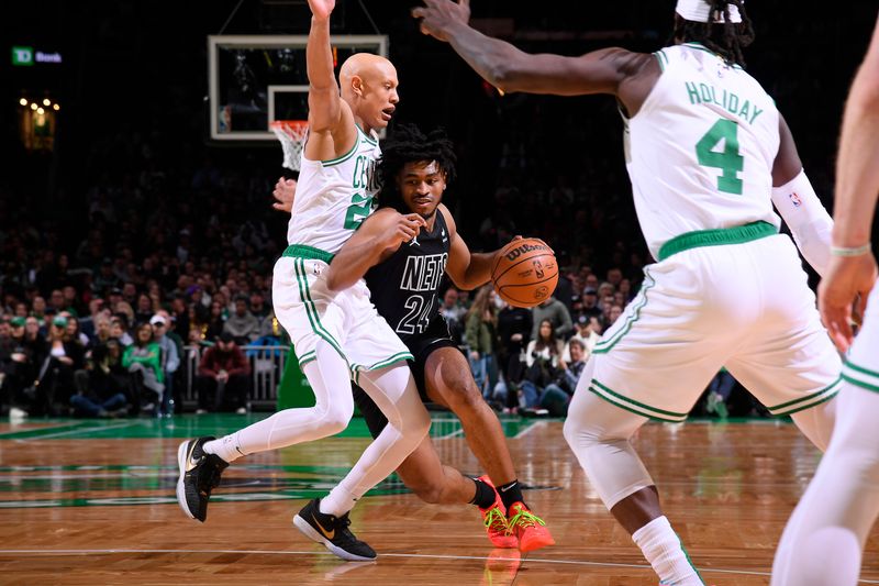 BOSTON, MA - FEBRUARY 14: Cam Thomas #24 of the Brooklyn Nets drives to the basket during the game against the Boston Celtics on February 14, 2024 at the TD Garden in Boston, Massachusetts. NOTE TO USER: User expressly acknowledges and agrees that, by downloading and or using this photograph, User is consenting to the terms and conditions of the Getty Images License Agreement. Mandatory Copyright Notice: Copyright 2024 NBAE  (Photo by Brian Babineau/NBAE via Getty Images)