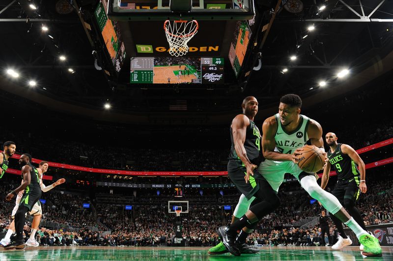 BOSTON, MA - DECEMBER 6: Giannis Antetokounmpo #34 of the Milwaukee Bucks handles the ball during the game against the Boston Celtics on December 6, 2024 at TD Garden in Boston, Massachusetts. NOTE TO USER: User expressly acknowledges and agrees that, by downloading and/or using this Photograph, user is consenting to the terms and conditions of the Getty Images License Agreement. Mandatory Copyright Notice: Copyright 2024 NBAE (Photo by Brian Babineau/NBAE via Getty Images)